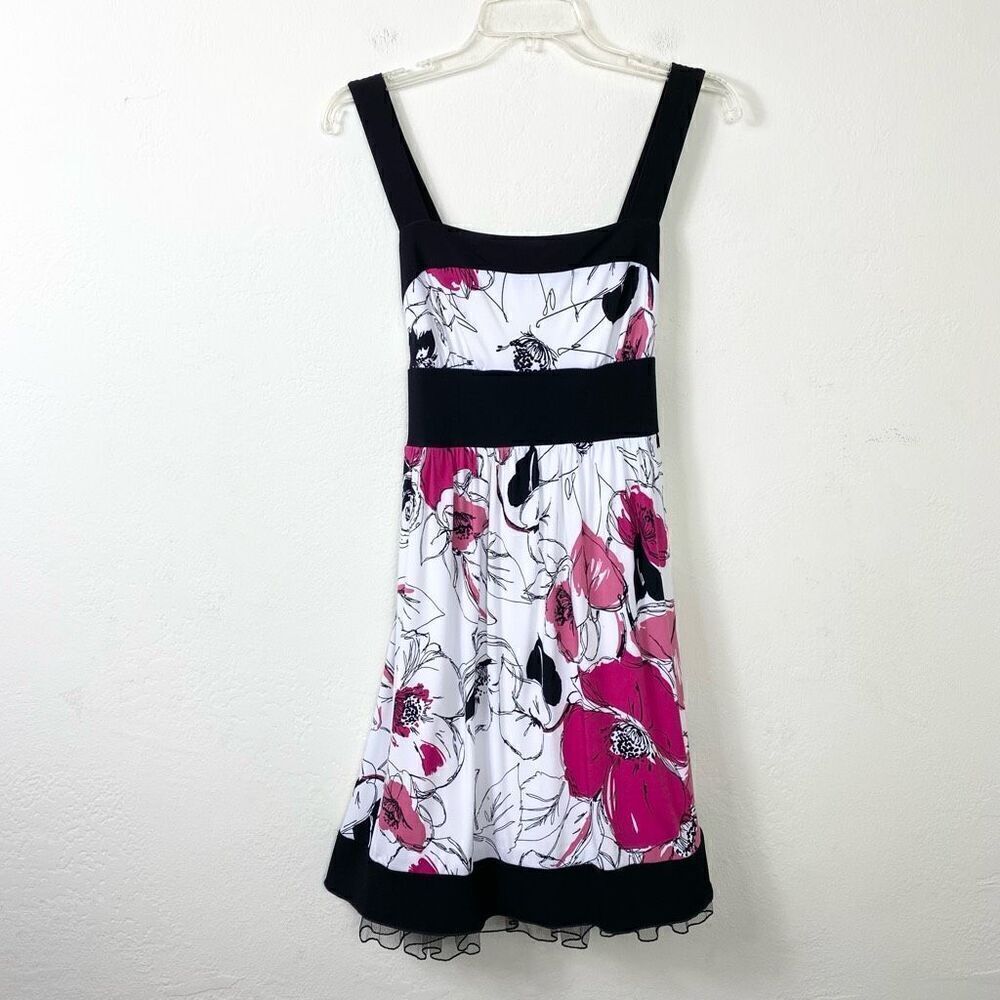 Vintage Y2K Speechless Black White & Pink Floral Tie Waist Sleeveless Dress Sz M